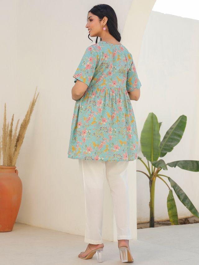 [Maternity Wear] Blue Pure Cotton Floral Printed A-line Tunic \ Only Top [ Export Quality ]