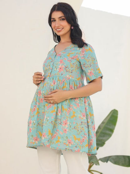 [Maternity Wear] Blue Pure Cotton Floral Printed A-line Tunic \ Only Top [ Export Quality ]