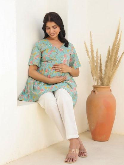 [Maternity Wear] Blue Pure Cotton Floral Printed A-line Tunic \ Only Top [ Export Quality ]