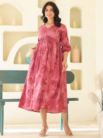 [Maternity Wear] Light Purple \ Mauve Pure Cotton Tie & Dye A-line Dress \ Only Top [ Export Quality ]