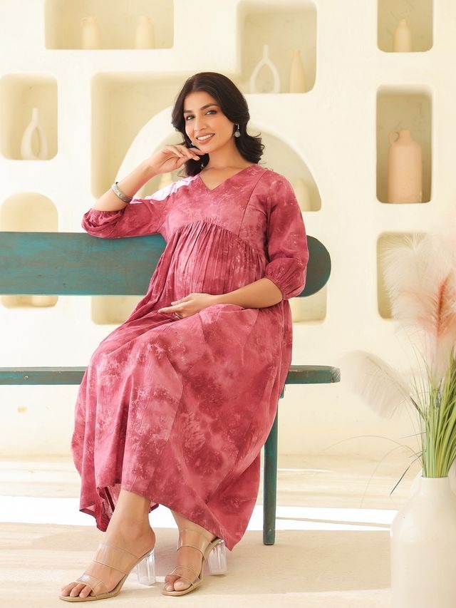 [Maternity Wear] Light Purple \ Mauve Pure Cotton Tie & Dye A-line Dress \ Only Top [ Export Quality ]