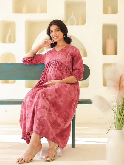 [Maternity Wear] Light Purple \ Mauve Pure Cotton Tie & Dye A-line Dress \ Only Top [ Export Quality ]