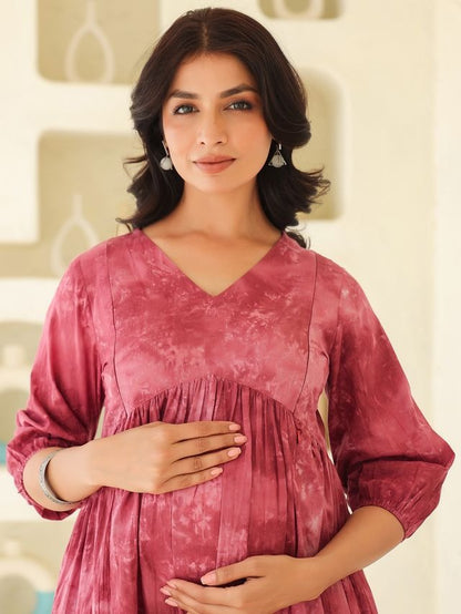 [Maternity Wear] Light Purple \ Mauve Pure Cotton Tie & Dye A-line Dress \ Only Top [ Export Quality ]