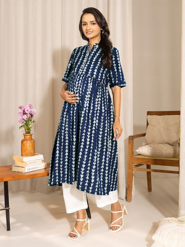 [Maternity Wear] Indigo Pure Cotton Geometric Printed A-line Kurta \ Only Top [ Export Quality ]