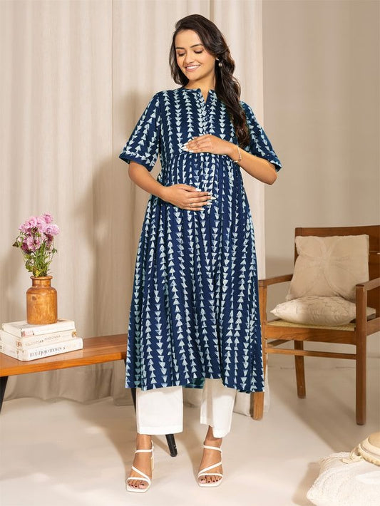 [Maternity Wear] Indigo Pure Cotton Geometric Printed A-line Kurta \ Only Top [ Export Quality ]
