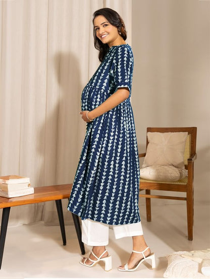[Maternity Wear] Indigo Pure Cotton Geometric Printed A-line Kurta \ Only Top [ Export Quality ]
