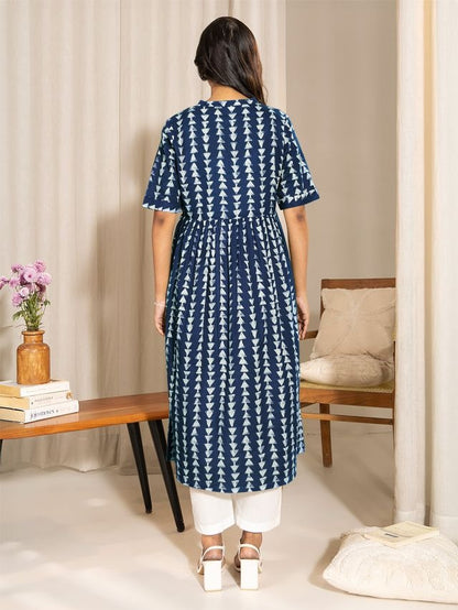 [Maternity Wear] Indigo Pure Cotton Geometric Printed A-line Kurta \ Only Top [ Export Quality ]