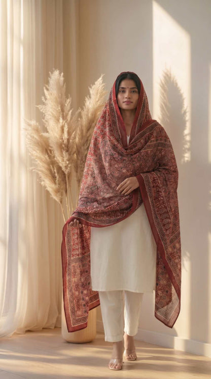 Maroon Traditional Cotton Ajrakh Inspired Printed Only Dupatta