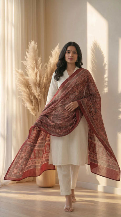 Maroon Traditional Cotton Ajrakh Inspired Printed Only Dupatta