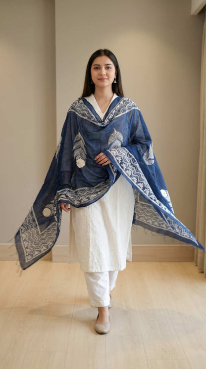 Navy Blue Traditional Cotton Block Print Ethnic Only Dupatta