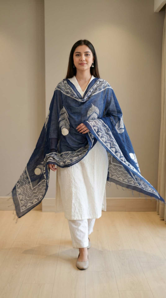 Navy Blue Traditional Cotton Block Print Ethnic Only Dupatta