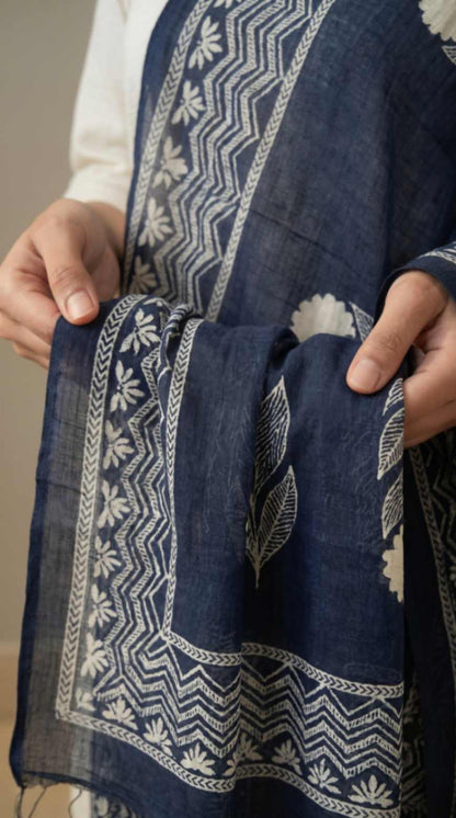 Navy Blue Traditional Cotton Block Print Ethnic Only Dupatta