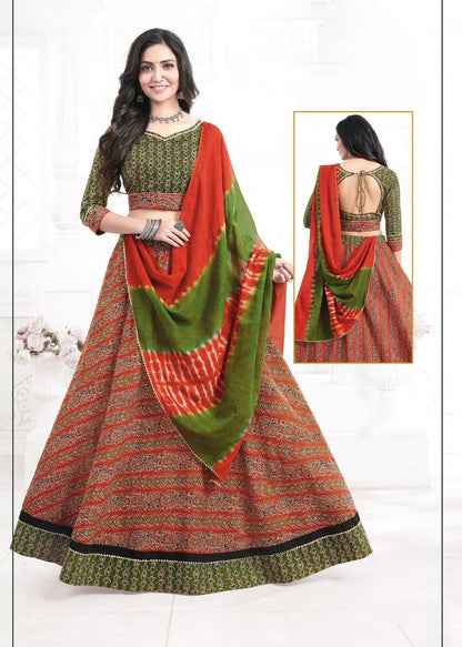 Festive Special Cotton Ajrakh Printed Lehnga Set with Stitched Blouse & Soft Cotton Dupatta [ Export Quality]