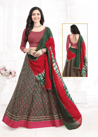 Festive Special Cotton Ajrakh Printed Lehnga Set with Stitched Blouse & Soft Cotton Dupatta [ Export Quality]