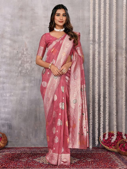 Dusty Pink Chanderi Zari-woven Saree with Attached Blouse Piece [ Export Quality ]