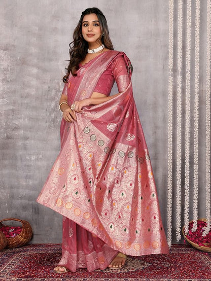 Dusty Pink Chanderi Zari-woven Saree with Attached Blouse Piece [ Export Quality ]