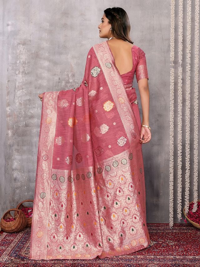 Dusty Pink Chanderi Zari-woven Saree with Attached Blouse Piece [ Export Quality ]