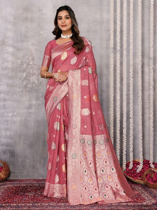 Dusty Pink Chanderi Zari-woven Saree with Attached Blouse Piece [ Export Quality ]