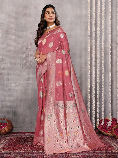 Dusty Pink Chanderi Zari-woven Saree with Attached Blouse Piece [ Export Quality ]
