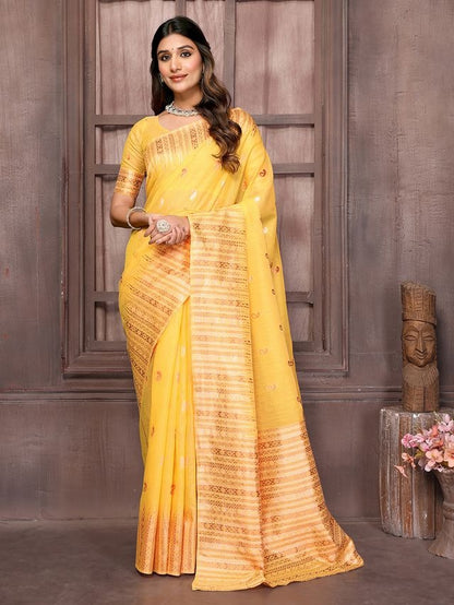 Yellow Chanderi Zari-woven Saree with Attached Blouse Piece [ Export Quality ]