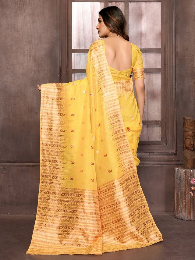 Yellow Chanderi Zari-woven Saree with Attached Blouse Piece [ Export Quality ]