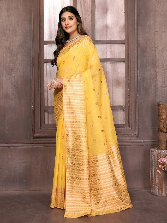 Yellow Chanderi Zari-woven Saree with Attached Blouse Piece [ Export Quality ]