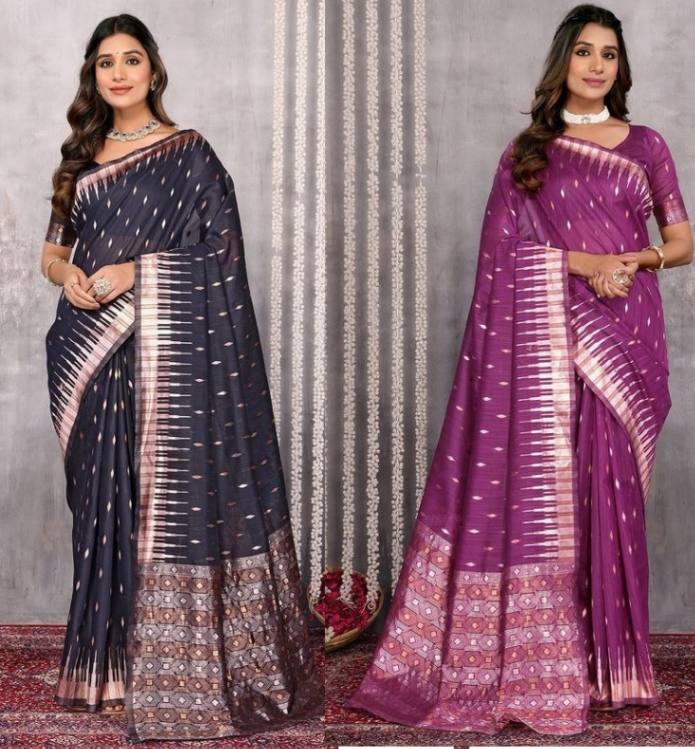Dark Gray and Purple Chanderi Zari-woven Saree with Attached Blouse Piece [ Export Quality ]
