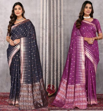 Dark Gray and Purple Chanderi Zari-woven Saree with Attached Blouse Piece [ Export Quality ]