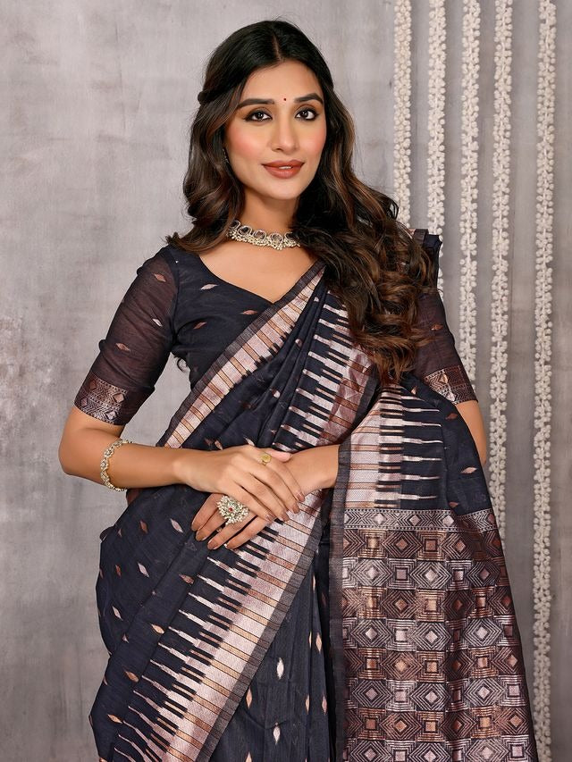 Dark Gray and Purple Chanderi Zari-woven Saree with Attached Blouse Piece [ Export Quality ]
