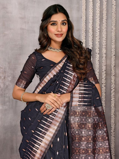 Dark Gray and Purple Chanderi Zari-woven Saree with Attached Blouse Piece [ Export Quality ]