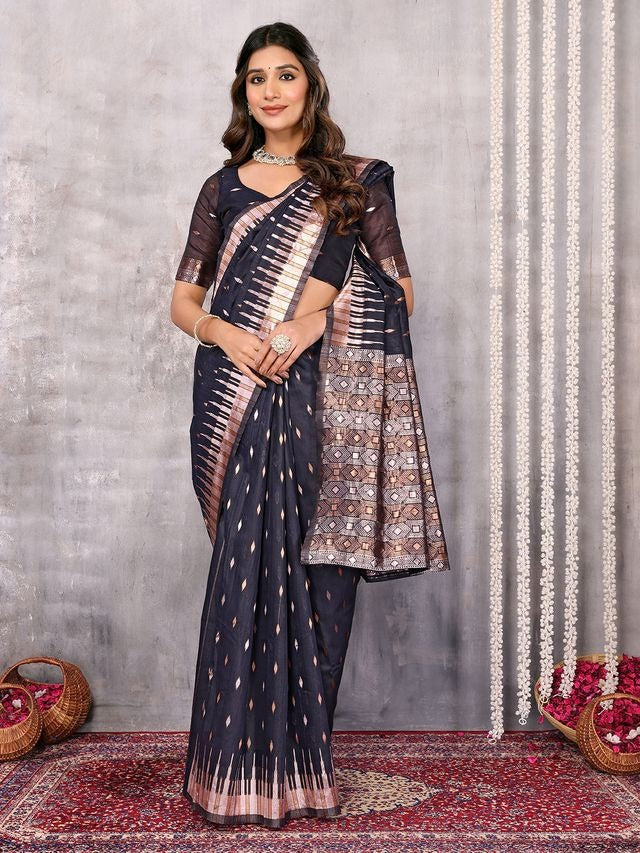 Dark Gray and Purple Chanderi Zari-woven Saree with Attached Blouse Piece [ Export Quality ]