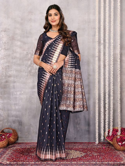 Dark Gray and Purple Chanderi Zari-woven Saree with Attached Blouse Piece [ Export Quality ]