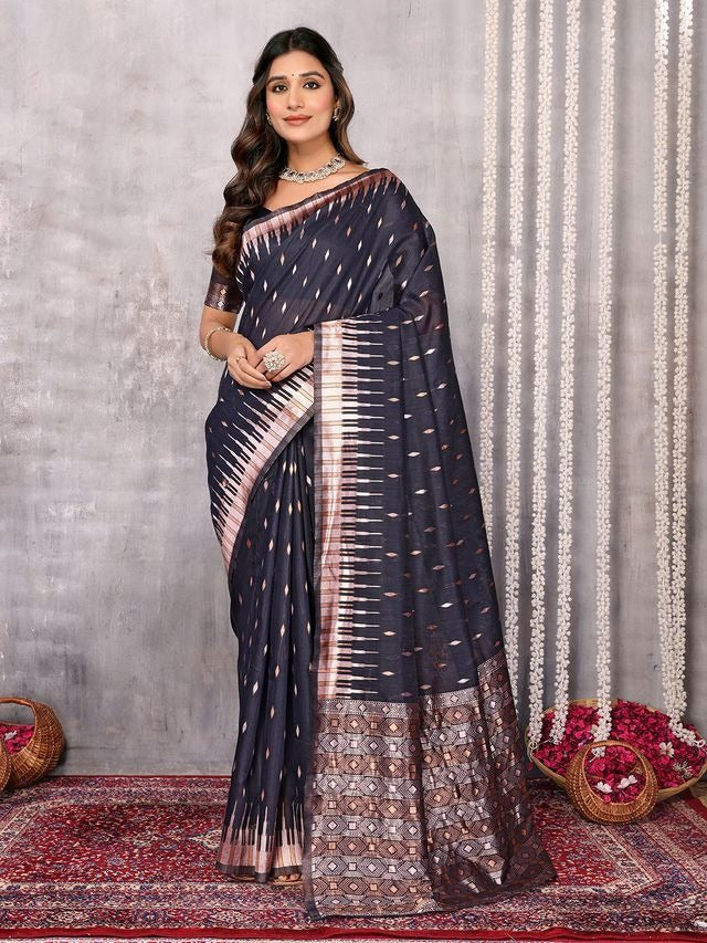 Dark Gray and Purple Chanderi Zari-woven Saree with Attached Blouse Piece [ Export Quality ]