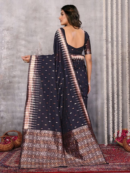 Dark Gray and Purple Chanderi Zari-woven Saree with Attached Blouse Piece [ Export Quality ]