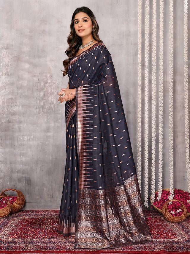 Dark Gray and Purple Chanderi Zari-woven Saree with Attached Blouse Piece [ Export Quality ]