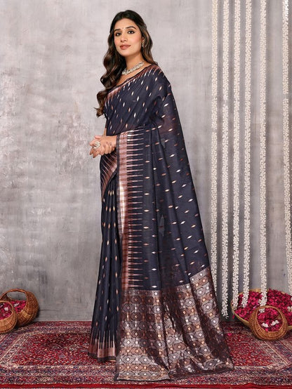 Dark Gray and Purple Chanderi Zari-woven Saree with Attached Blouse Piece [ Export Quality ]