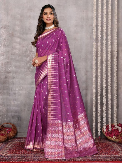 Dark Gray and Purple Chanderi Zari-woven Saree with Attached Blouse Piece [ Export Quality ]