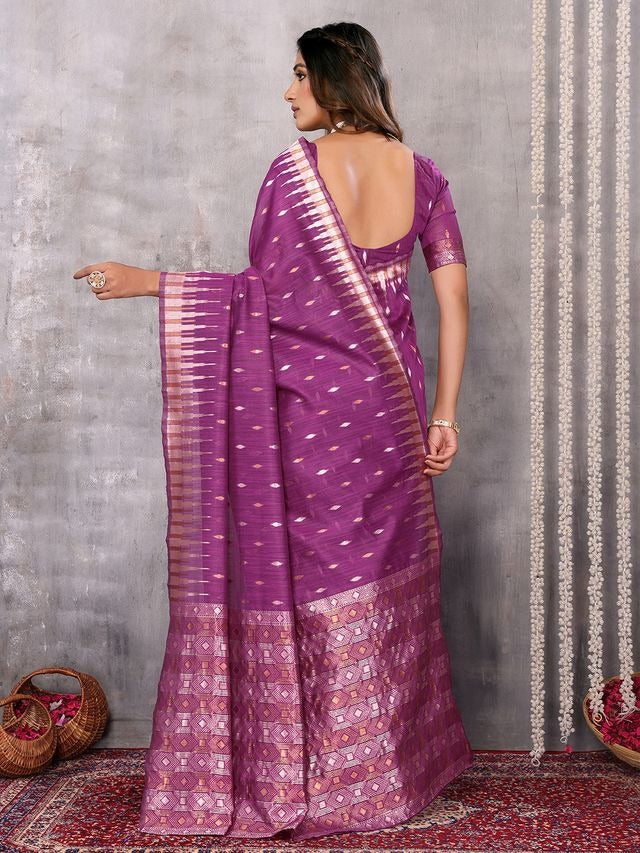 Dark Gray and Purple Chanderi Zari-woven Saree with Attached Blouse Piece [ Export Quality ]