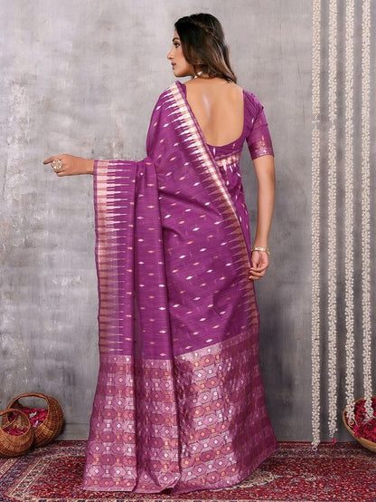 Dark Gray and Purple Chanderi Zari-woven Saree with Attached Blouse Piece [ Export Quality ]