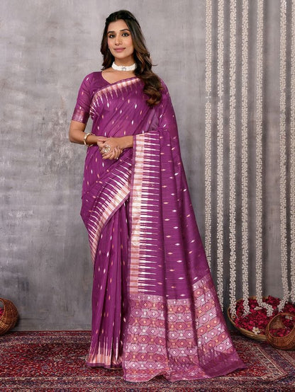 Dark Gray and Purple Chanderi Zari-woven Saree with Attached Blouse Piece [ Export Quality ]