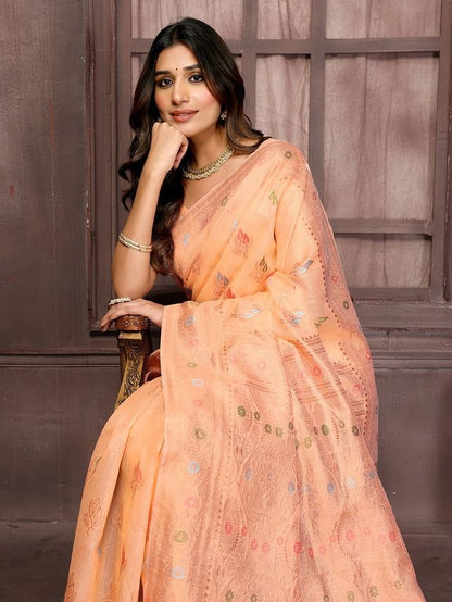 Peach Chanderi Silk Multicolor Woven Motifs Saree with Attached Blouse Piece [ Export Quality ]