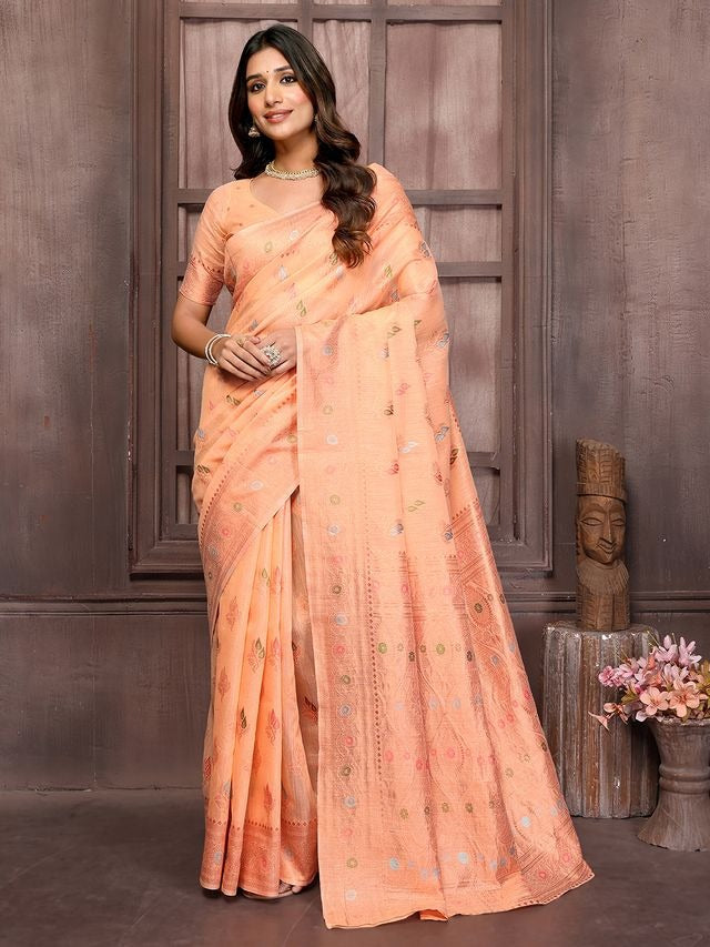 Peach Chanderi Silk Multicolor Woven Motifs Saree with Attached Blouse Piece [ Export Quality ]