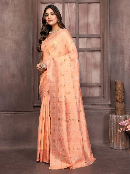 Peach Chanderi Silk Multicolor Woven Motifs Saree with Attached Blouse Piece [ Export Quality ]
