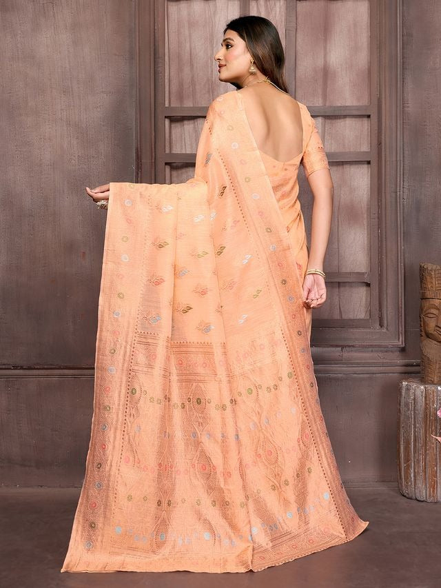 Peach Chanderi Silk Multicolor Woven Motifs Saree with Attached Blouse Piece [ Export Quality ]