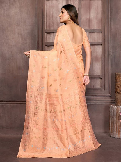 Peach Chanderi Silk Multicolor Woven Motifs Saree with Attached Blouse Piece [ Export Quality ]