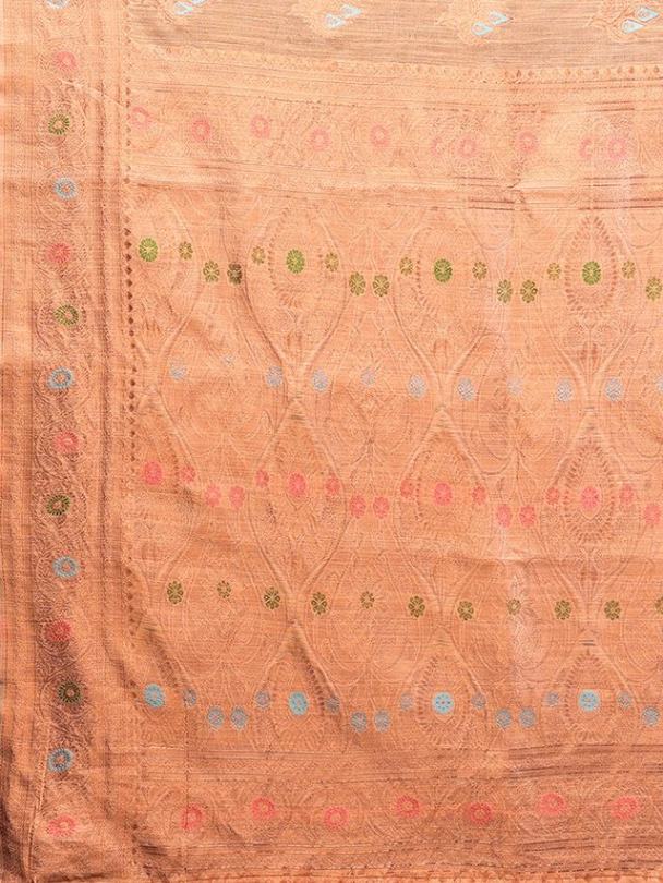 Peach Chanderi Silk Multicolor Woven Motifs Saree with Attached Blouse Piece [ Export Quality ]
