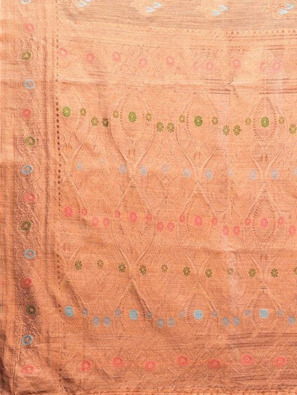 Peach Chanderi Silk Multicolor Woven Motifs Saree with Attached Blouse Piece [ Export Quality ]