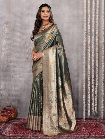 Ready To Wear Olive Green Silk Blend Saree with Woven floral Jari and Attached Blouse Piece [ Export Quality ]
