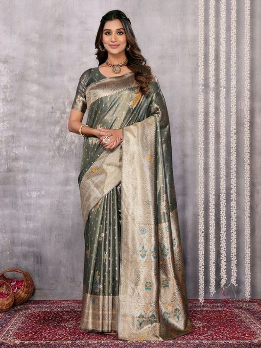 Ready To Wear Olive Green Silk Blend Saree with Woven floral Jari and Attached Blouse Piece [ Export Quality ]
