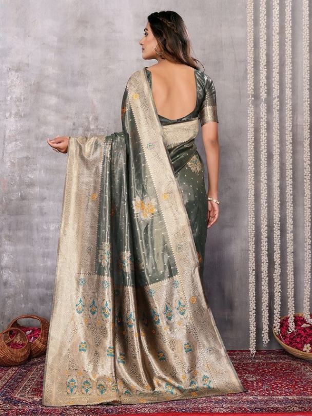 Ready To Wear Olive Green Silk Blend Saree with Woven floral Jari and Attached Blouse Piece [ Export Quality ]
